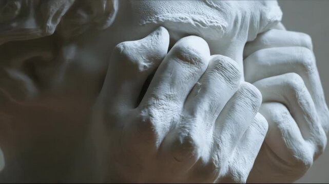 Close-up of white marble sculpture depicting hands covering face  