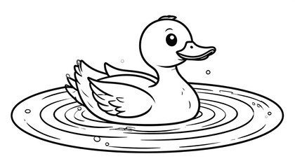 Simple black and white line drawing of a cartoon duck swimming in water with visible concentric ripples