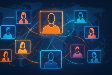 Digital global network connecting people with virtual profiles and communication lines worldwide