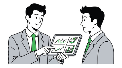 Two businessmen analyzing financial data on a tablet reviewing charts and graphs vector illustration isolated on white