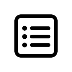 Black and white graphic of a list icon with three bullet points and horizontal lines in a rounded square