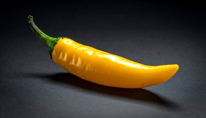 Single, sleek yellow chili pepper with a green stem rests against a dark, matte background, softly lit