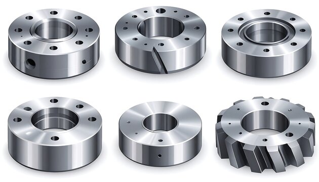 Six metal, cylindrical objects with holes/grooves, arranged in a 2x3 grid, showcasing industrial designs