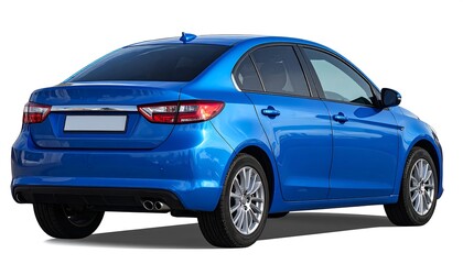 Sleek, blue sedan with alloy wheels, viewed from a rear angle, against a plain, isolated white background