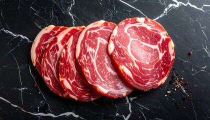 Slices of cured meat with red and white marbling on a black marble surface with white veins