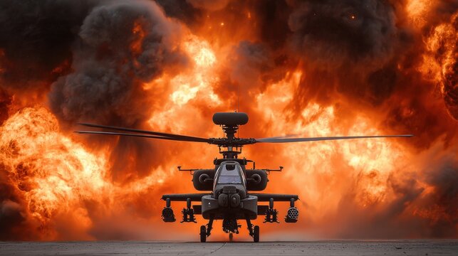 Commercial high-resolution photo of commercial high-resolution photo of attack helicopter in front of a large explosion and smoke.
