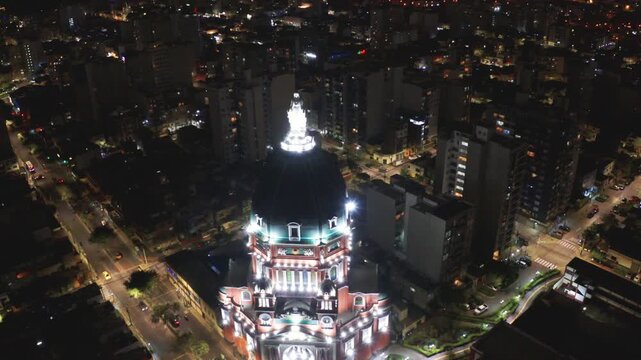 Aerial view of the illuminated church of the immaculate heart of mary in magdalena district, lima