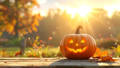 Smiling carved pumpkin on weathered wood, bathed in warm autumn sunlight. Bokeh of fall colors in background