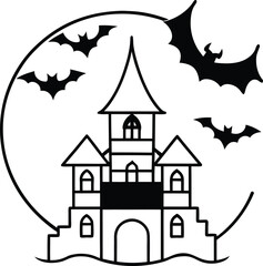 haunted mansion with bats and moon illustration on transparent background