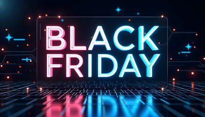 Neon black friday sign with pink and blue glow on a grid with digital circuit background elements