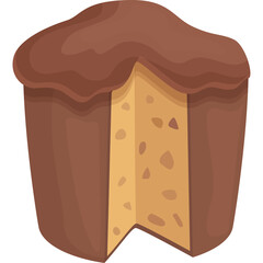 A detailed illustration of a chocolate cake slice with a brown frosting and a textured yellow cake inside against a transparent background perfect for dessert themed designs