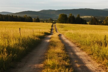 Naklejka premium A dirt road winds through a golden field, leading to distant hills under a clear sky, showcasing a peaceful rural landscape.