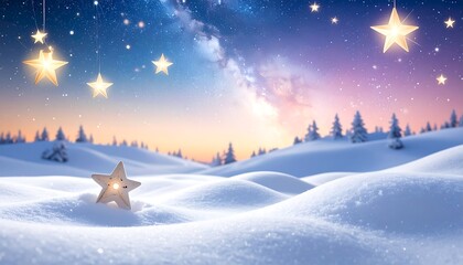 Snowy hills with glowing stars hanging above. A star shaped candle glows brightly in the foreground on a hill