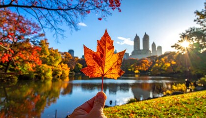 Hand holds a maple leaf; a city skyline, trees with autumn foliage, and lake in background, lit by sun's golden rays