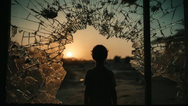 Boy standing in silhouette by broken glass window at sunset  