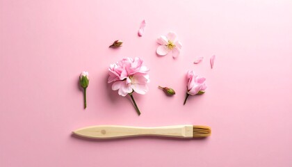Soft pink blossoms and buds are arranged with a brush on a solid pink background, soft light