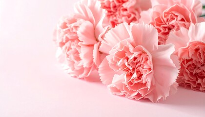 Soft pink carnations clustered together on a pale pink background create a delicate, floral arrangement