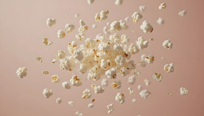 Popcorn kernels mid-air motion, isolated on pale background.