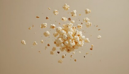 Popcorn kernels mid-air motion, isolated on pale background.