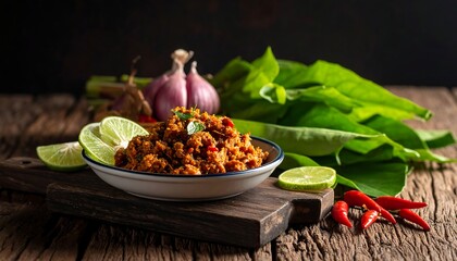 Spiced meat dish on rustic board with lime, garlic, chilies, and greens, against dark backdrop