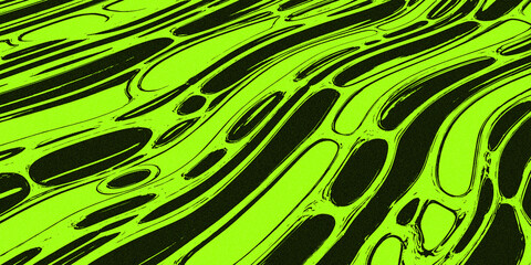 Abstract organic pattern in bright neon green and black, featuring flowing lines and interconnected shapes, suggesting cellular structures or fluid dynamics