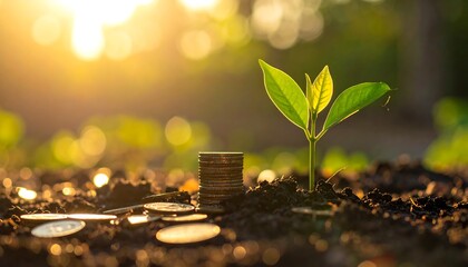 Sprout growing from soil next to coins, illuminated by golden sunlight, symbolizing growth and financial development
