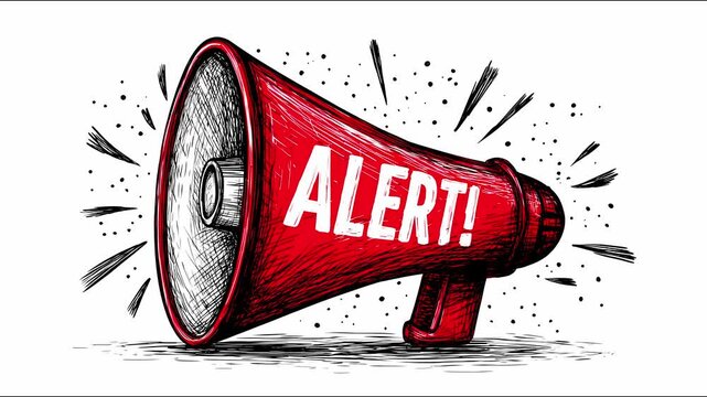 Animated red megaphone sound alert loop on white background