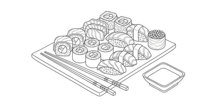 black and white sushi platter with chopsticks clip art preview