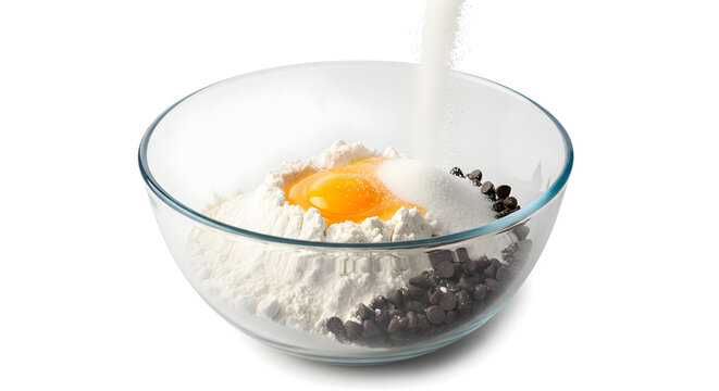 Sugar Being Poured into Baking Ingredients in a Bowl