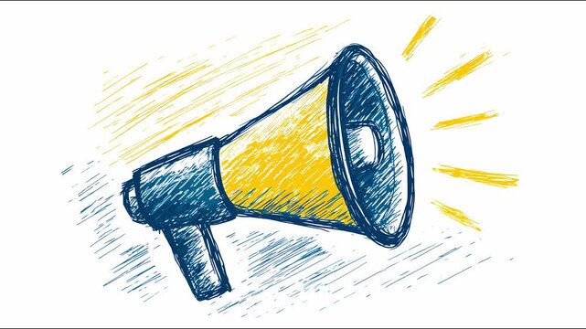 Animated megaphone drawing with dynamic sound waves and textured style