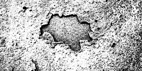 Closeup texture of rough, weathered concrete with a large, irregular hole or void, showcasing a distressed and aged surface isolated on transparent background