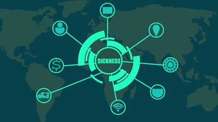 Global Network Connections with the Word Sickness in a Central Hub Keywords: global network, sickness, disease, connection, communication, technology, health, world map, international, data - Powered by Adobe