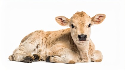 Adorable Light Brown Calf Resting Peacefully on a Clean White Background