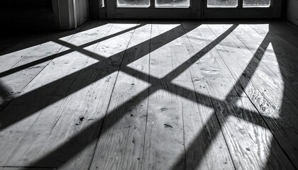 Light streams in through panes, creating sharp shadows on aged, wooden floorboards, contrasting light and dark