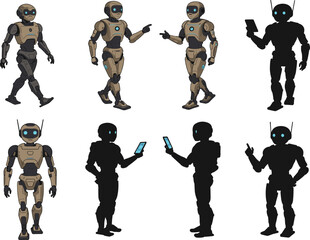 Humanoid robot silhouettes, futuristic android poses, smartphone interaction, artificial intelligence design, cyber technology art, robotics illustration, cad drawing flat vector illustration