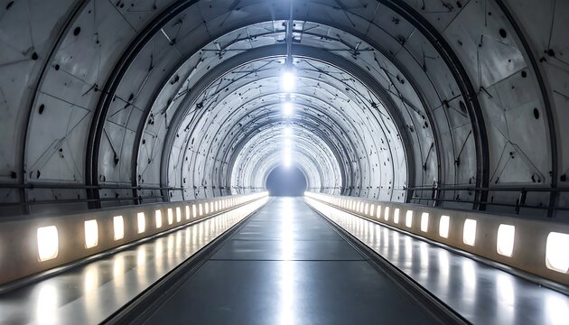 Long, arched tunnel with metal walls & bright lights, creating a sense of depth and futuristic industrial space