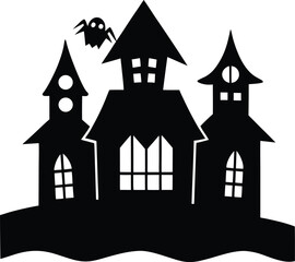 haunted house with ghostly silhouettes illustration on transparent background