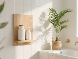 Fototapeta premium A bright bathroom with white tiles, a wooden shelf, bottles, a plant, and natural sunlight creating a serene atmosphere.