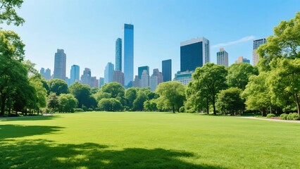 Fototapeta premium A vibrant urban park with a lush green lawn and a striking city skyline in the distance, showcasing a blend of nature and urban architecture.