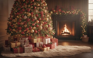 Christmas Tree in Cozy Living Room Interior with Fireplace and Presents