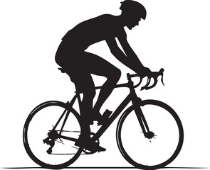 Obraz premium Cyclist in helmet riding road bike, black silhouette vector capturing speed, motion, and athletic focus in cycling sport