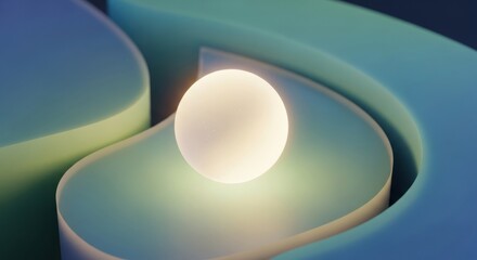 Abstract glowing orb centered amidst smooth curving teal and green forms