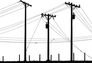 Utility poles silhouette, electrical power lines, energy distribution network, transformer equipment, rural infrastructure, 
