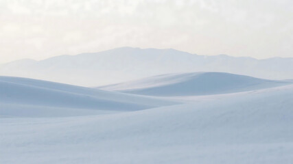A tranquil snowy scene featuring gentle dunes and hazy mountains under a light sky.