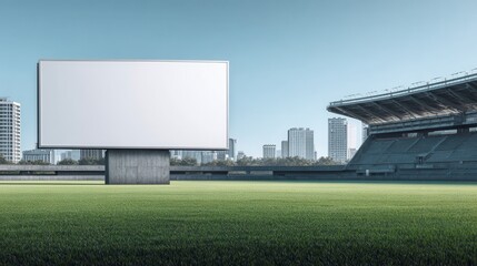 Obraz premium Commercial high-resolution photo of commercial high-resolution photo of blank billboard on a green field at a stadium with city background.