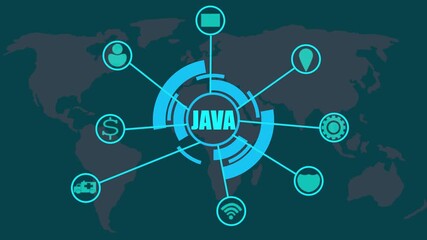 Java programming language concept with global network connections and world map background coding software - Powered by Adobe