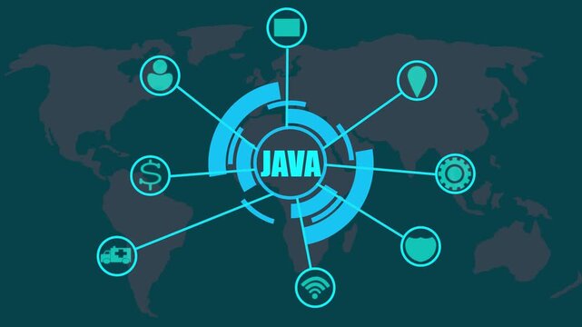 Java programming language concept with global network connections and world map background coding software