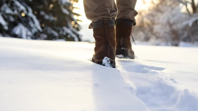 Person Walking Through Snowy Landscape, Featuring Boots, Tracks, and Winter Sunlight in the Forest
