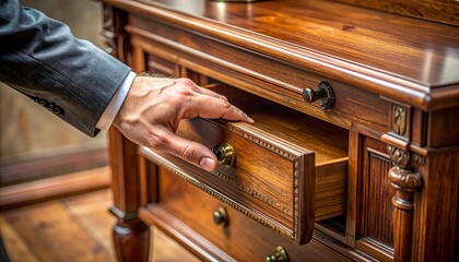 Man pulls open a wooden dresser drawer, revealing its interior, with sunlight hitting the elegant furniture