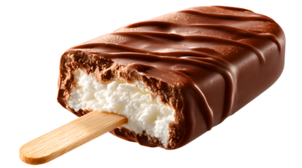 Chocolate Covered Ice Cream Bar with Bite Mark frozen isolated on a transparent background
